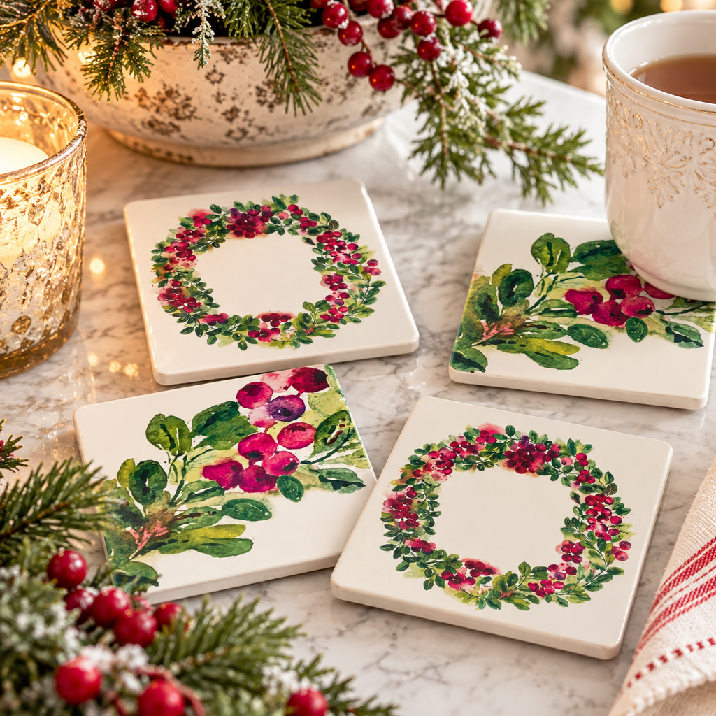 Cranberry Wreath Ceramic Coasters | Set of 4