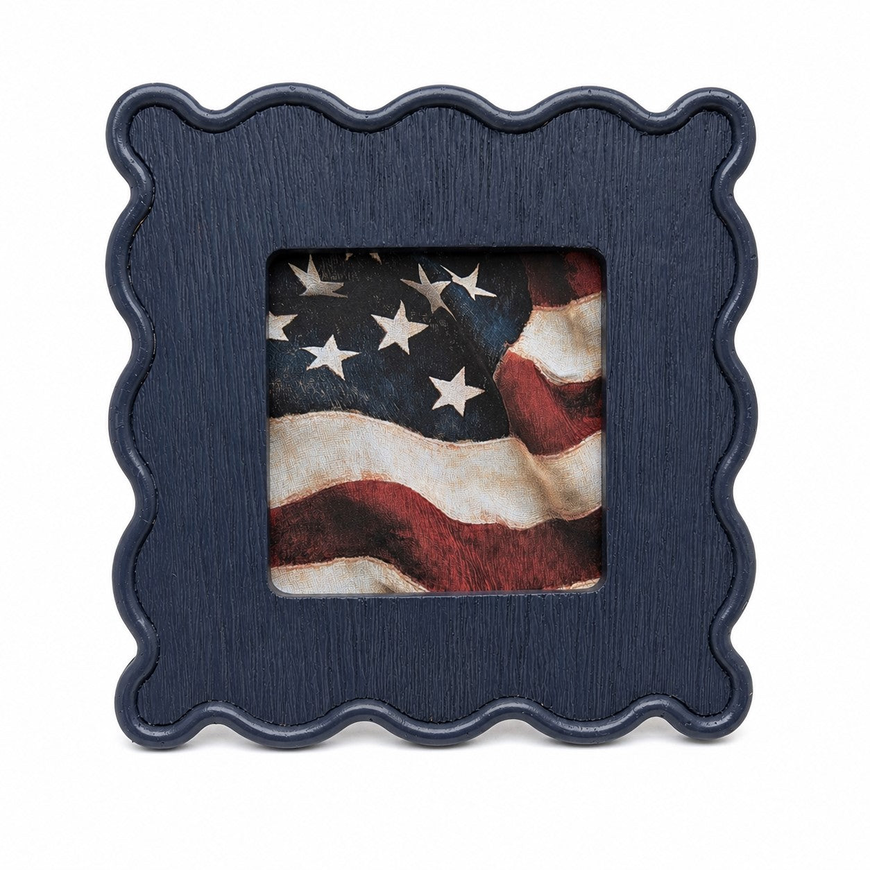 Navy blue picture frame with an American flag inside on a white background