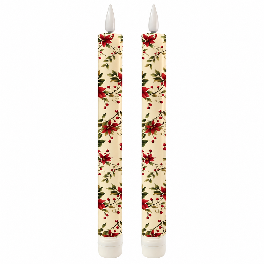 Poinsettia Flameless Taper Candles | Set of 2