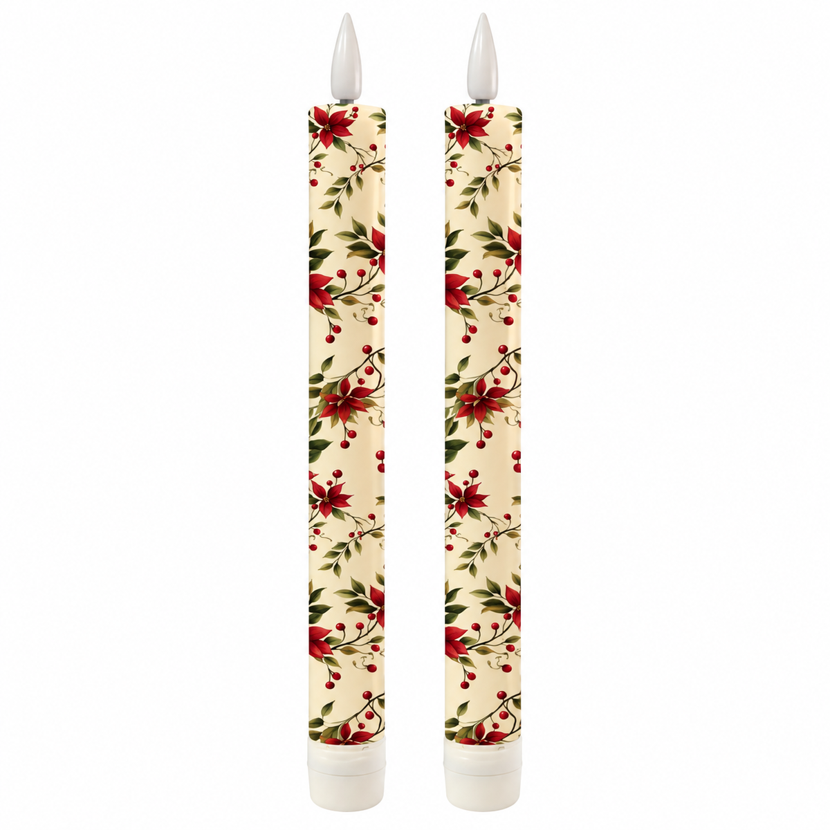 Poinsettia Flameless Taper Candles | Set of 2
