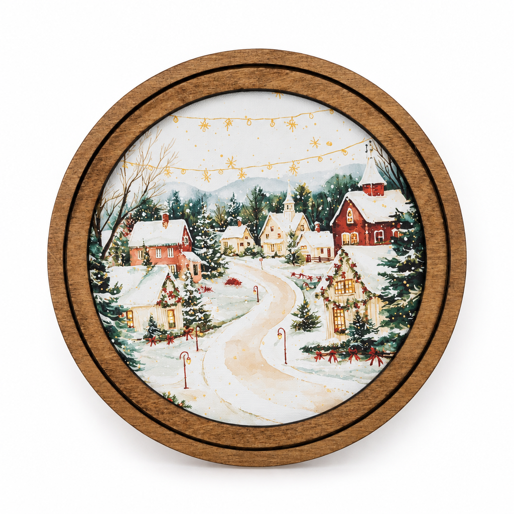 Vintage Christmas Village Framed Canvas Art | 8"