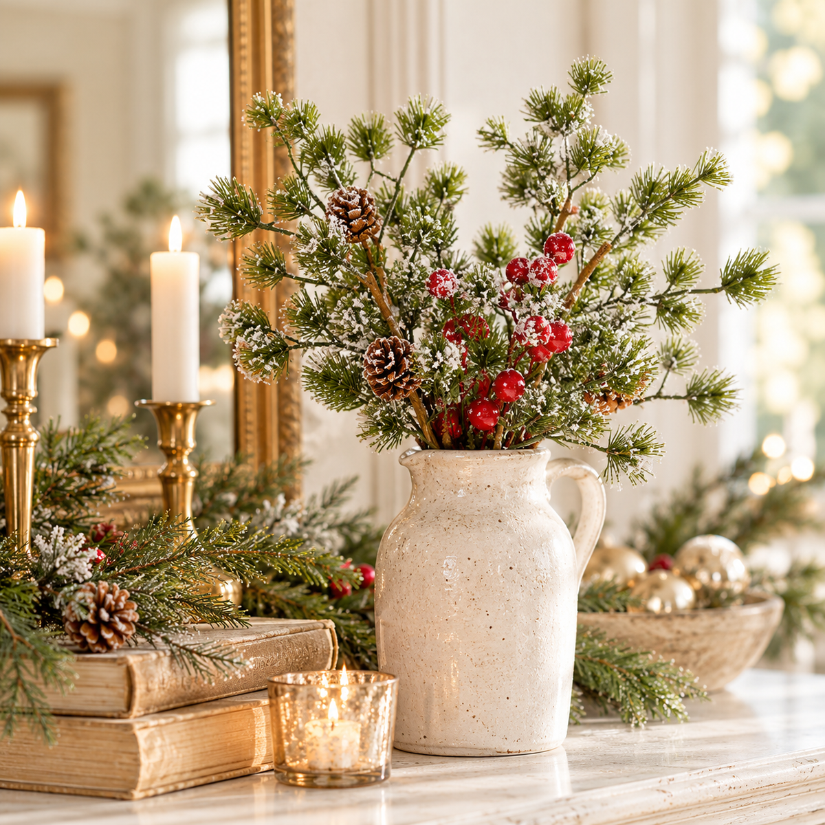 Frosted Pine & Red Berry Christmas Pick | 15" Holiday Greenery Stem