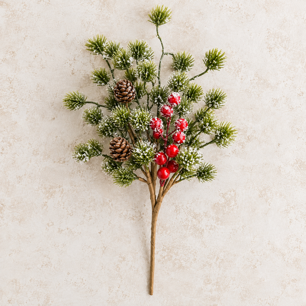Frosted Pine & Red Berry Christmas Pick | 15" Holiday Greenery Stem