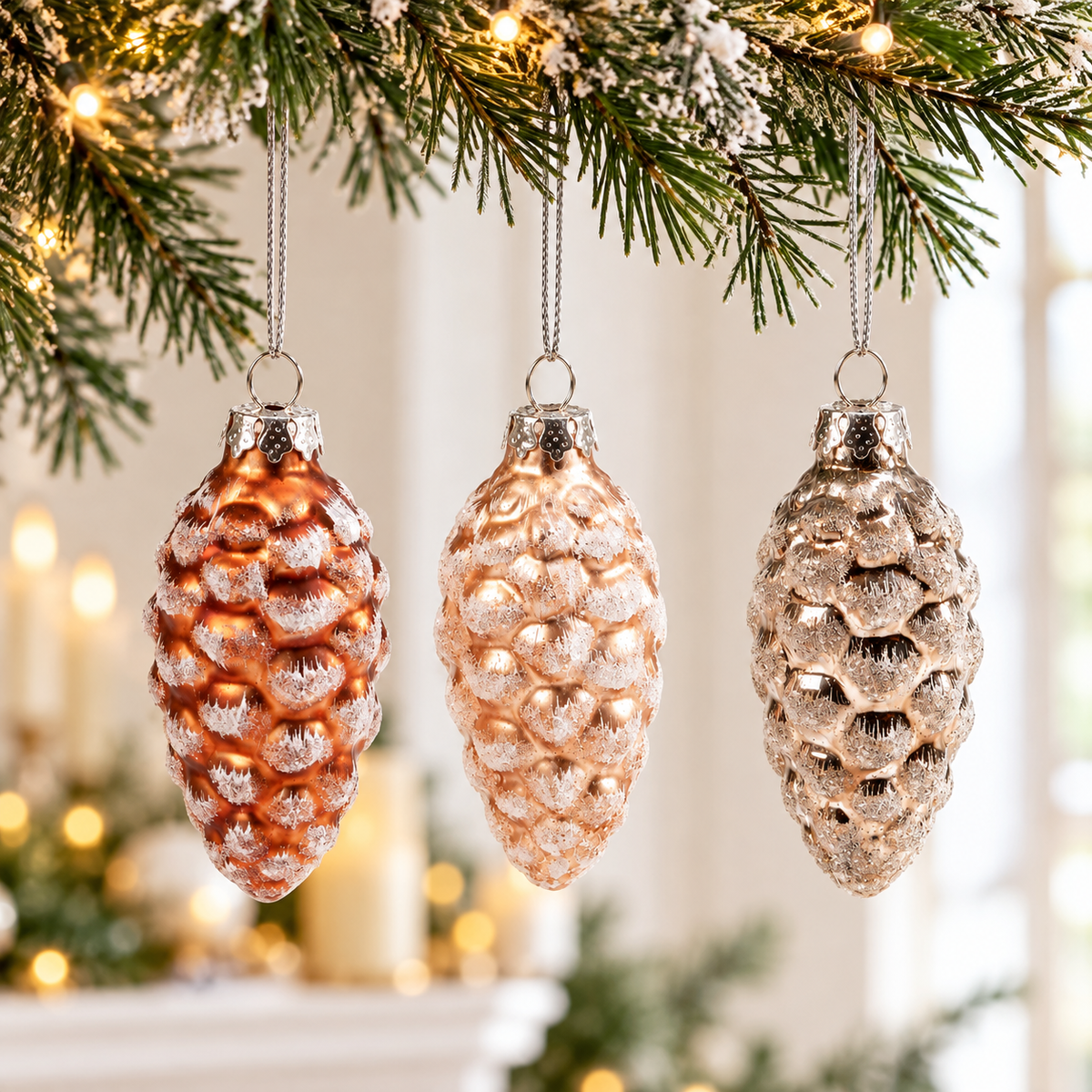 Vintage Frosted Glass Pinecone Christmas Ornaments | Set of 6