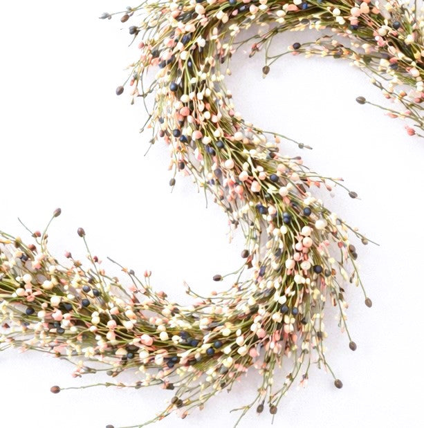 Mixed pip berry garland with green, blush, and cream berries and leaves, 53 inches long, French country farmhouse spring decor