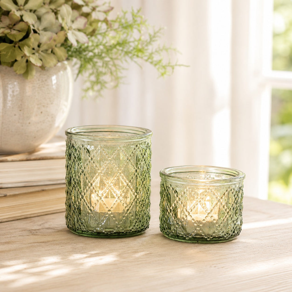 Green Diamond Glass Votive Holder | Set of 2