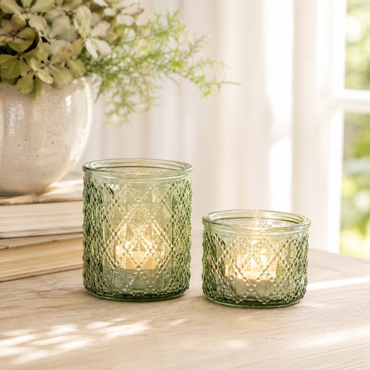 Green Diamond Glass Votive Holder | Set of 2