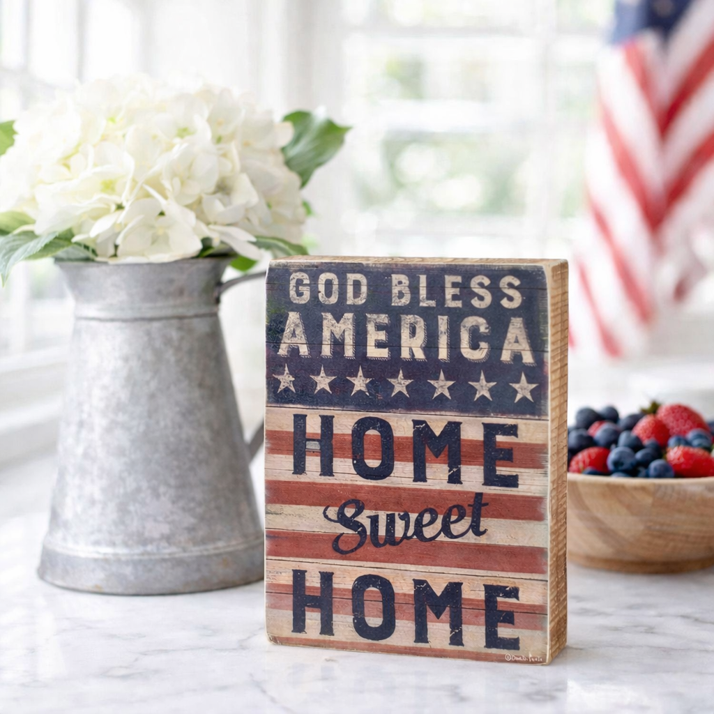 Decorative sign with 'God Bless America Home Sweet Home' text on a table with flowers and berries.