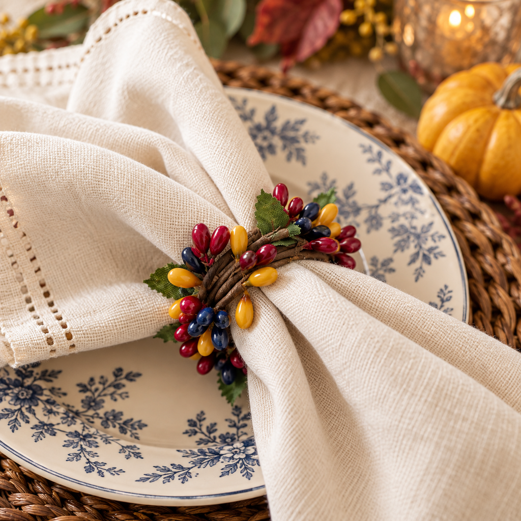 A cream linen napkin tied around a blue floral ceramic plate, secured with a rustic twig-style napkin ring decorated with red, yellow, and blue berries and green leaves, set on a woven placemat with fall decor in the background.