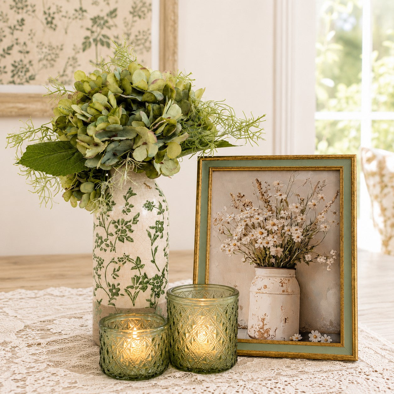 Decorative setting with a vase of green flowers, candles, and a framed picture on a lace tablecloth.