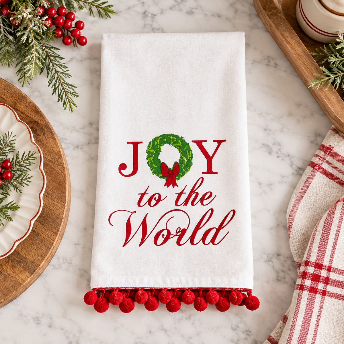 Grand Joy to the World Christmas Hand Towel with Red Pom-Pom Trim | 20" x 28"