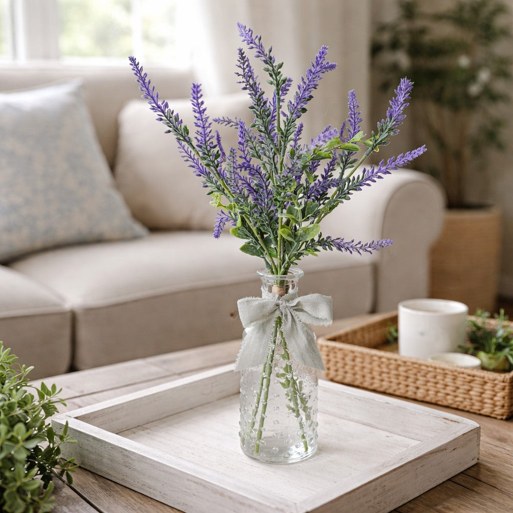 Vase with lavender on a coffee table in a living room setting