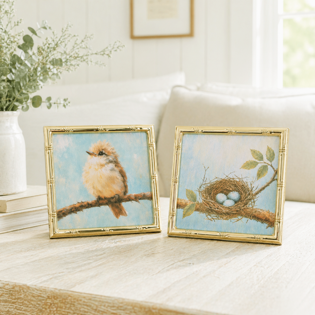 Two framed artworks of birds and a nest on a table with a blurred background