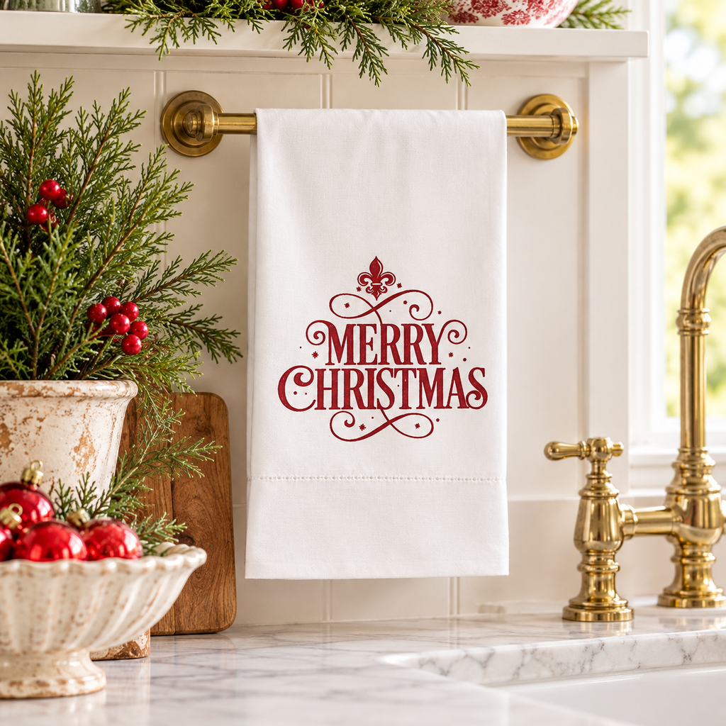 Merry Christmas Hemstitch Hand Towel | Red & White 20" x 28"
