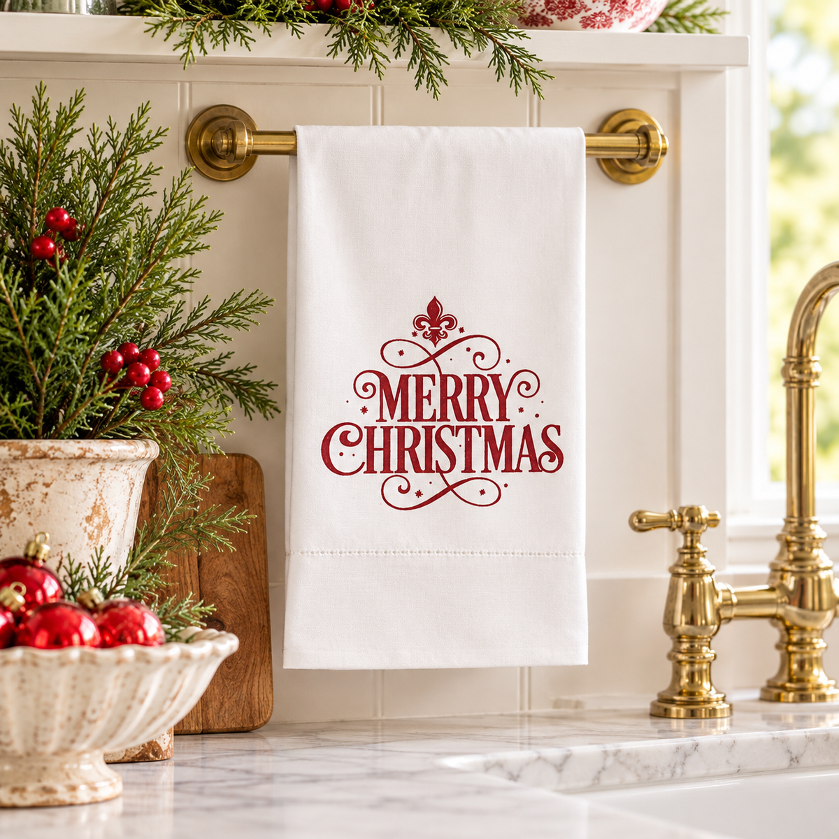 Merry Christmas Hemstitch Hand Towel | Red & White 20" x 28"