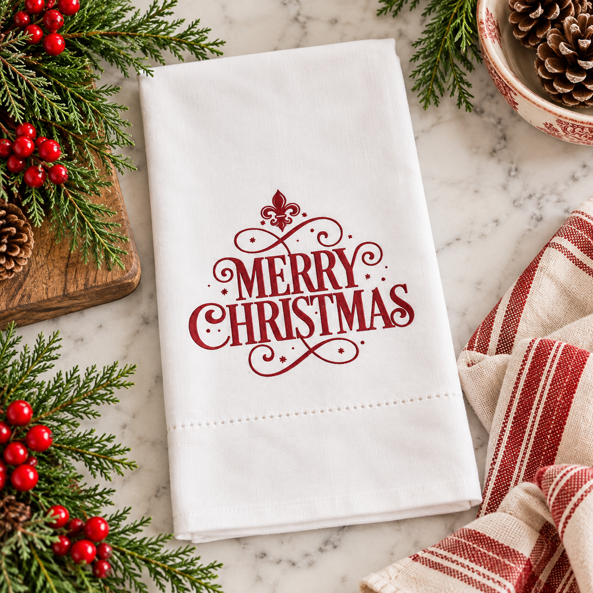 Merry Christmas Hemstitch Hand Towel | Red & White 20" x 28"