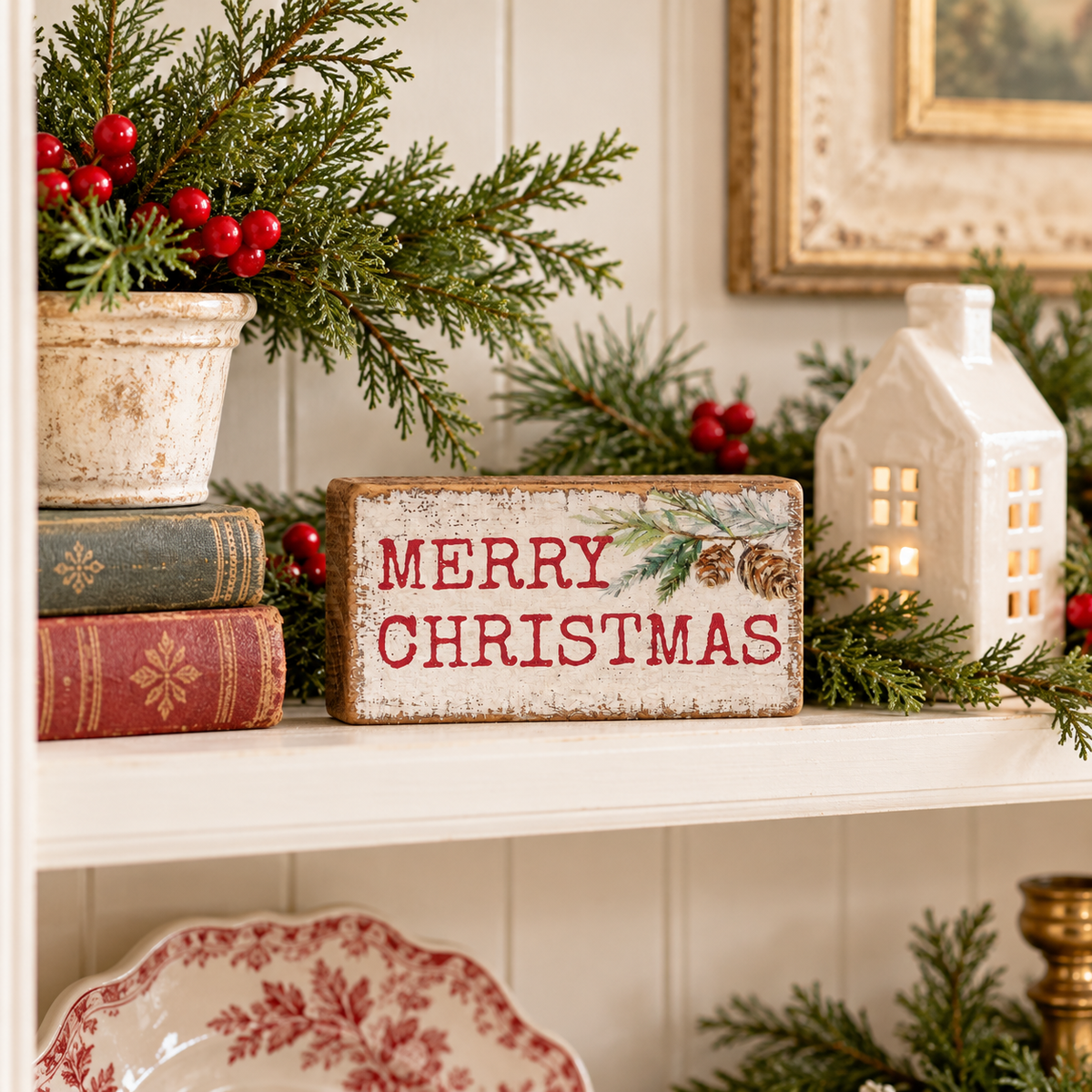 Merry Christmas Wooden Block Sign | Vintage Pinecone & Evergreen 4.5"