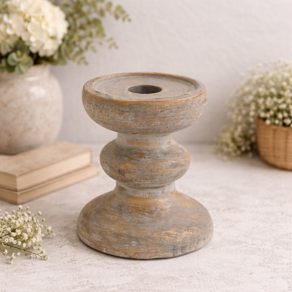 Old world stone candle holder 4x5 with weathered texture and rustic charm