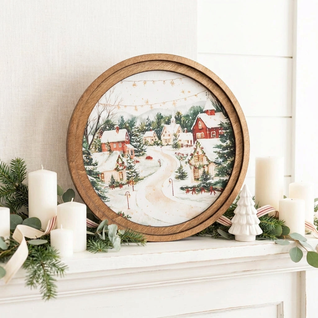 Christmas Village art canvas print on wood frame farmhouse holiday wall decor