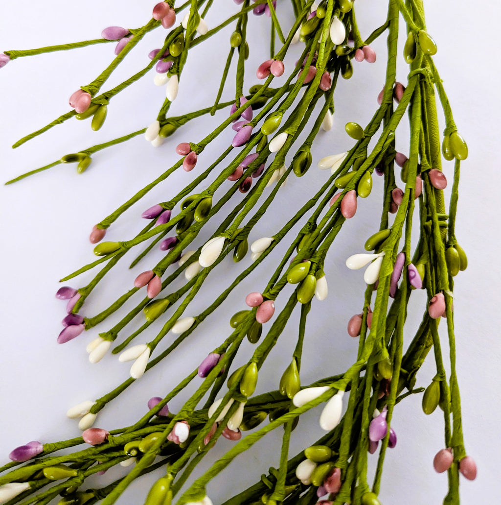 Belle Prairie Pip Berry Garland, 55 inch hand-wrapped rice berry garland in green with cream and purple accents for  home decor