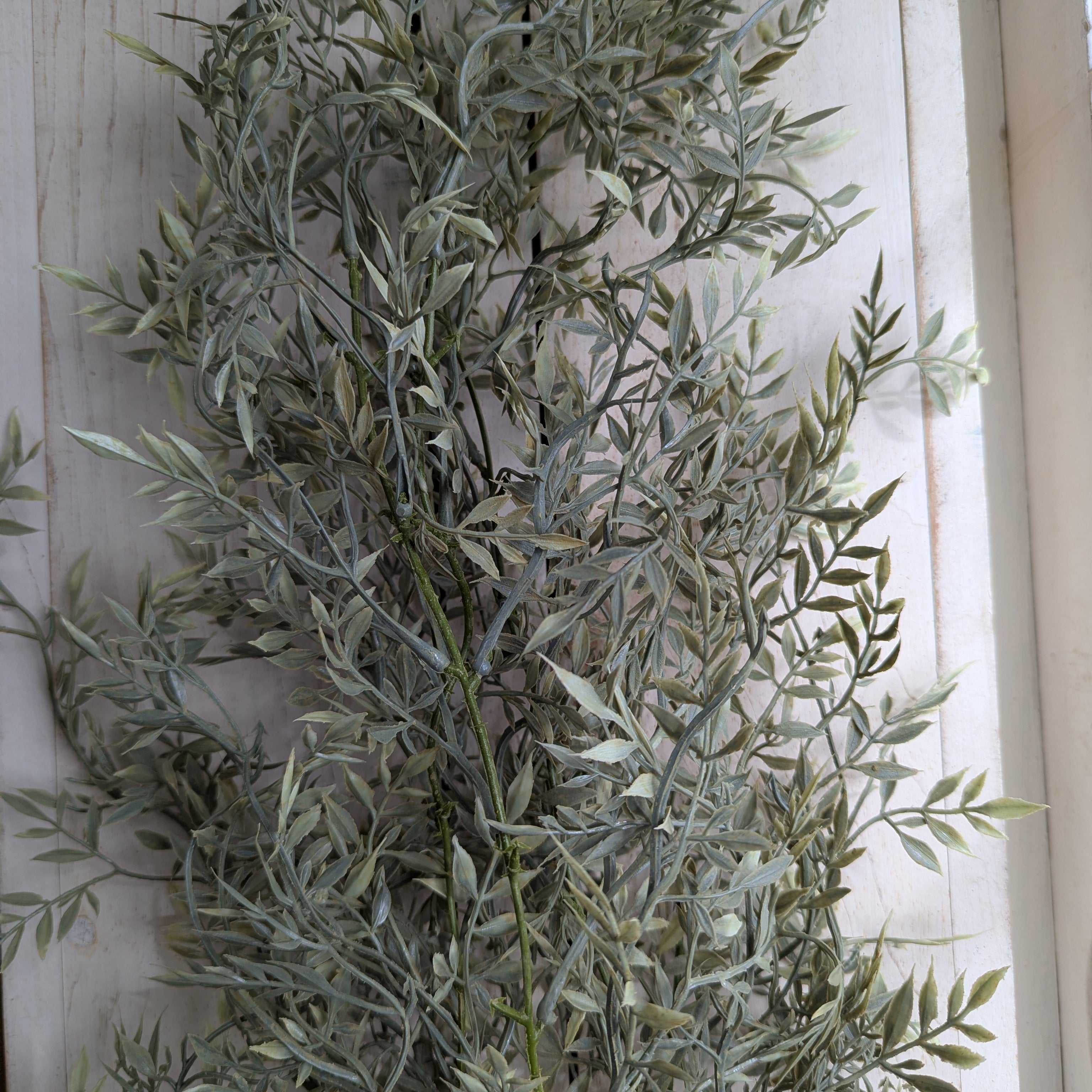 Artificial greenery against a white wall