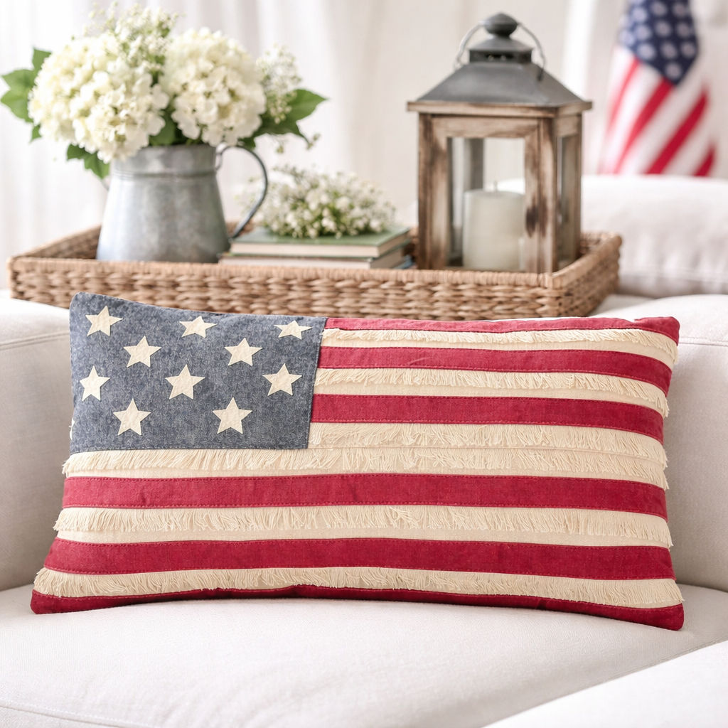 Decorative pillow with American flag design on a white couch, with flowers and a lantern in the background.