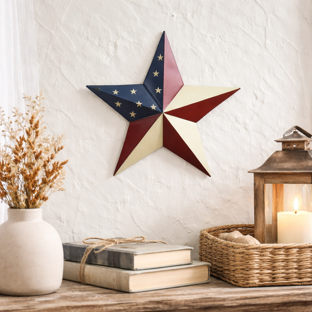 Decorative star wall art on a white brick wall with books, a vase, and lantern on a wooden surface.