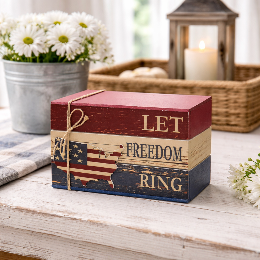 Decorative book block with 'Let Freedom Ring' text and American flag design on a wooden surface.