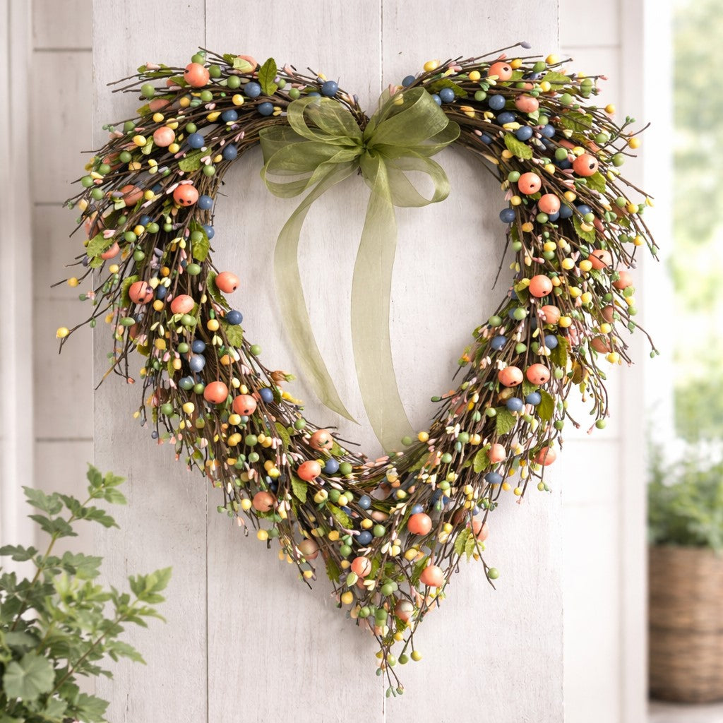 Peach Berry Heart Shaped Wreath | 19"