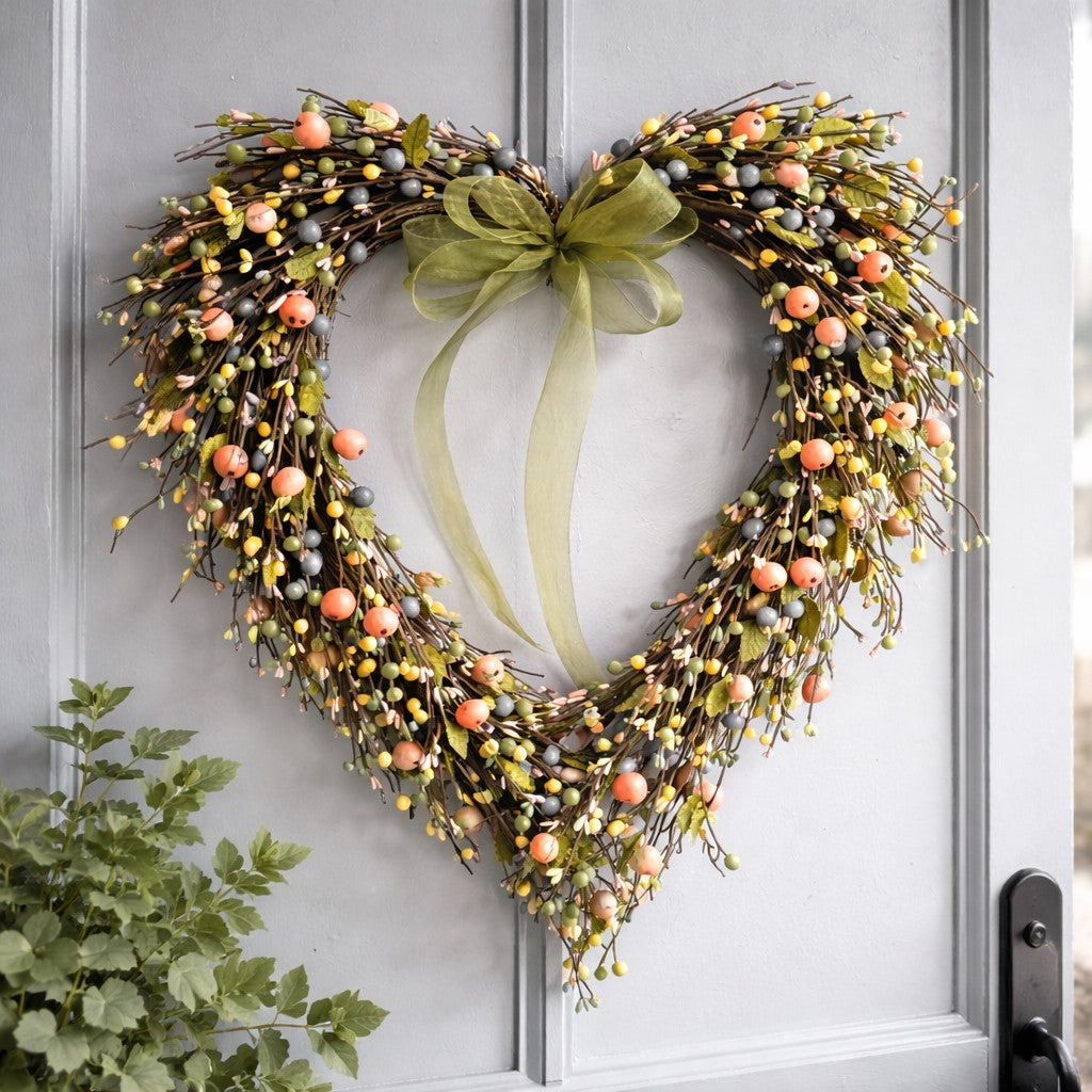 Peach Berry Heart Shaped Wreath | 19"