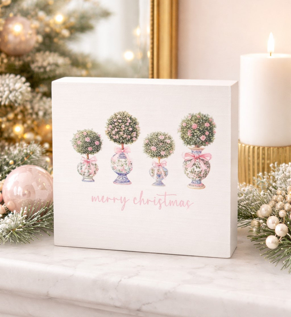 Decorative Christmas block sign with topiary design and 'merry Christmas' text