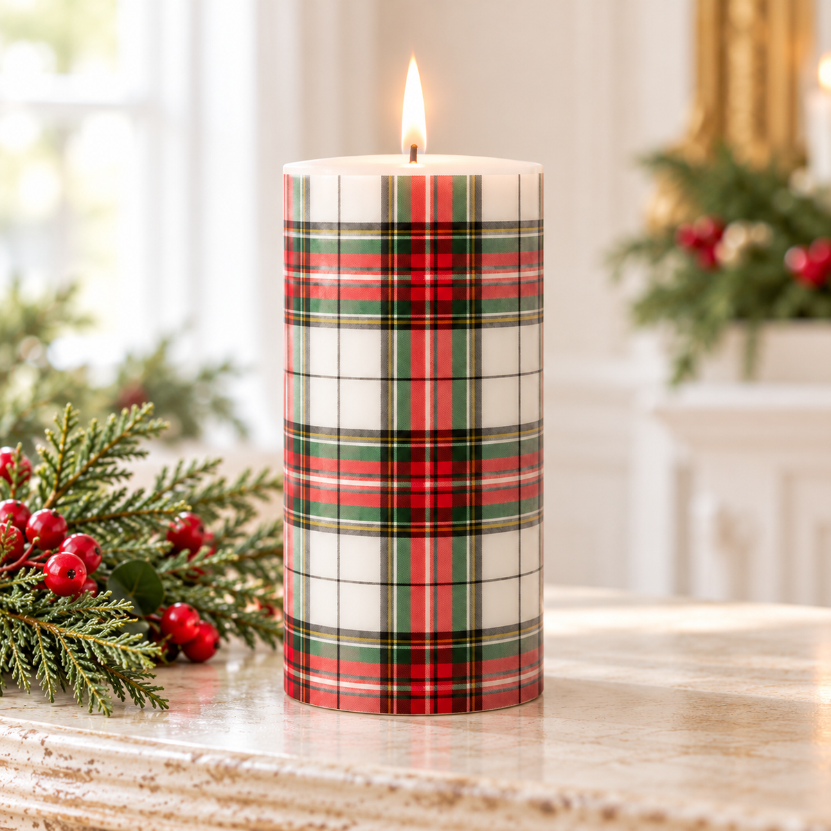 Classic Christmas Plaid Pillar Candle | 6"