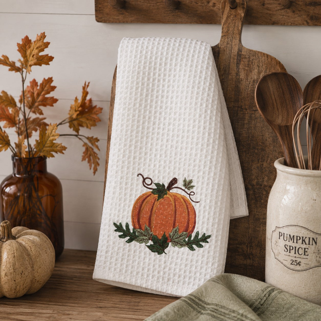 Pumpkin Embroidered Waffle Weave Kitchen Towel