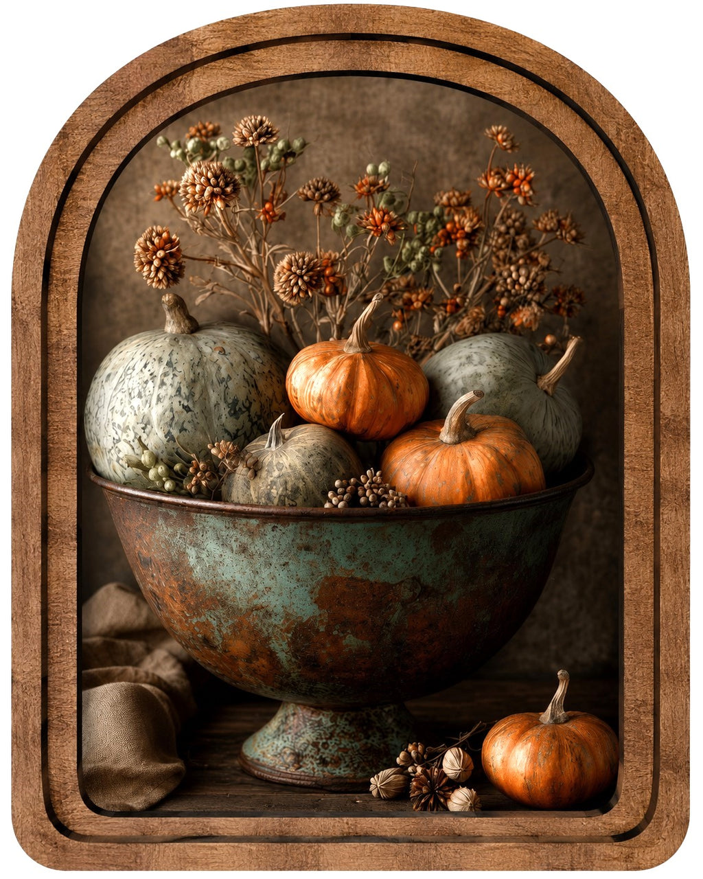 Arch framed heirloom pumpkin canvas art with a rustic wood frame featuring a vintage harvest bowl filled with autumn pumpkins.