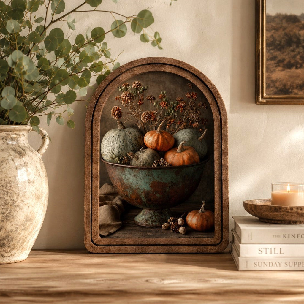 Arch framed heirloom pumpkin artwork displayed on a farmhouse table beside eucalyptus, books, and a candle.
