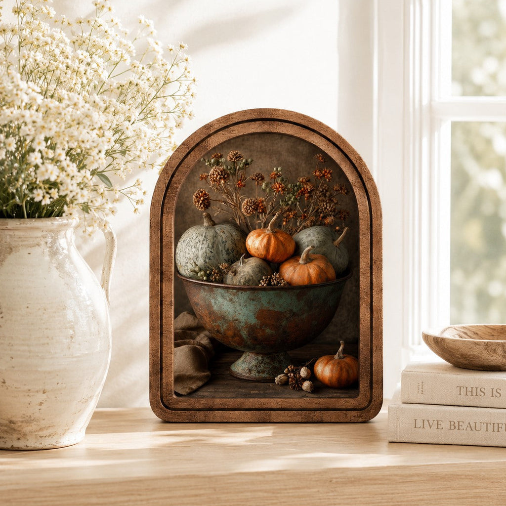 Arch framed heirloom pumpkin artwork styled on a bright farmhouse table with white flowers and warm natural sunlight.