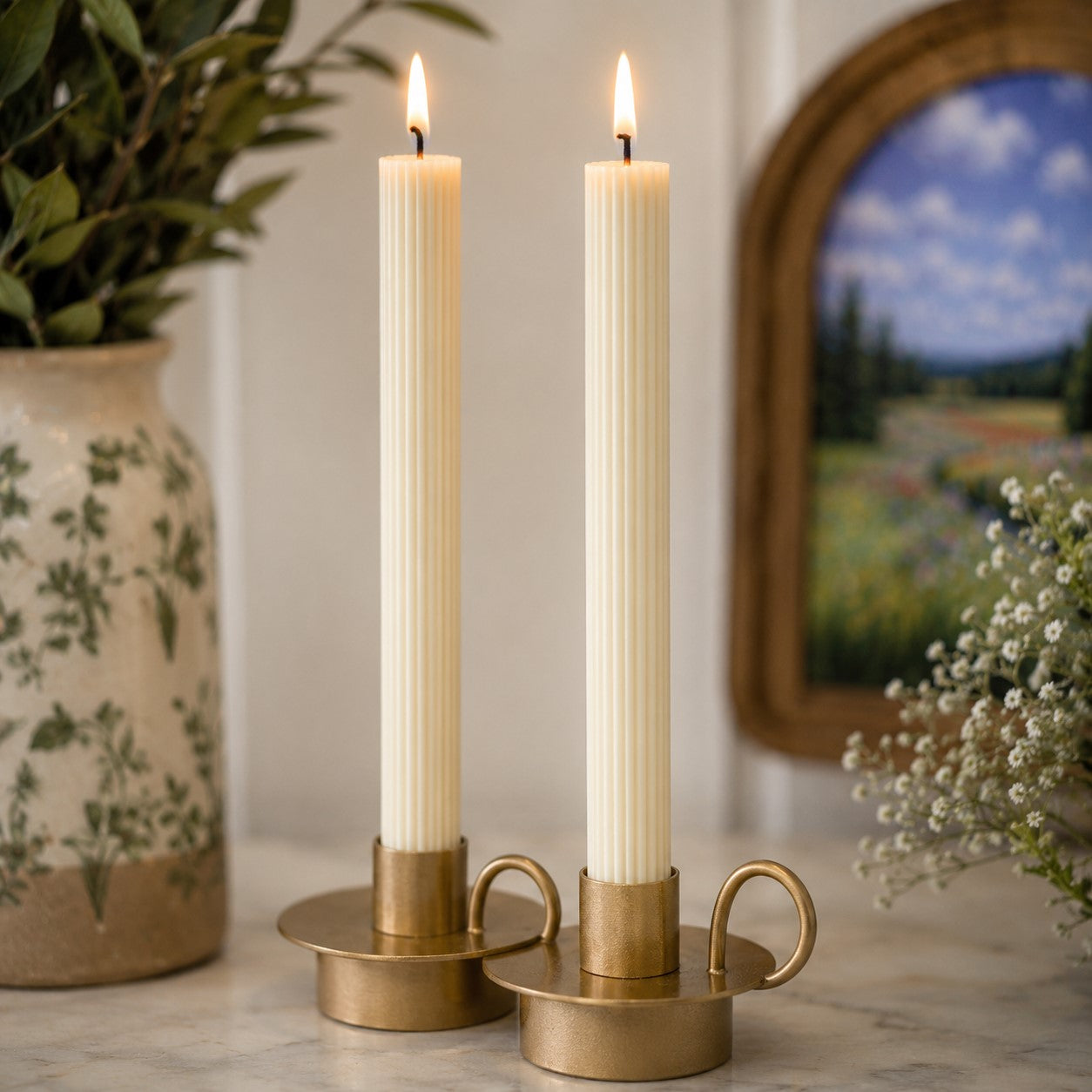 Ribbed Ivory Taper Candles | Set of 2