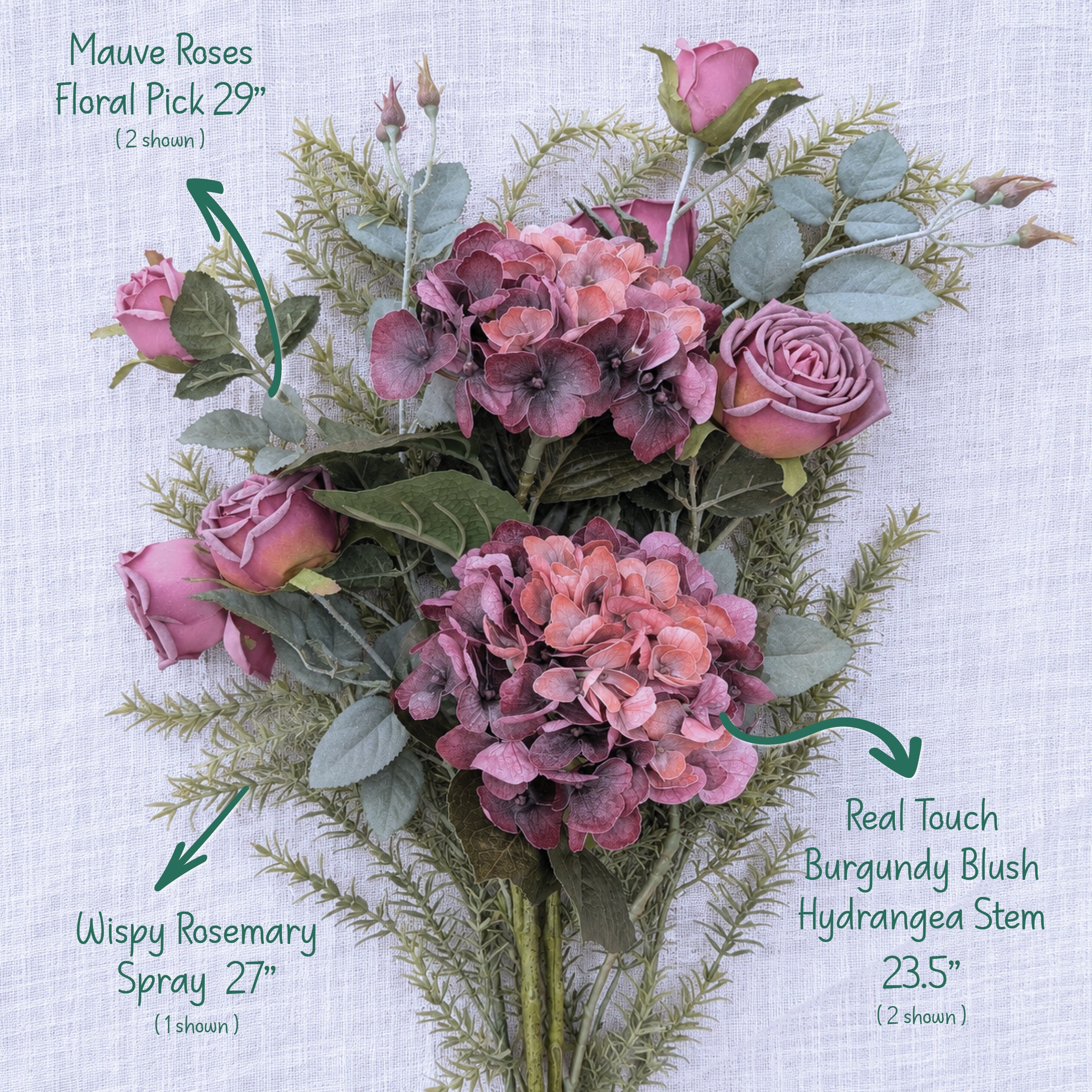 A floral bouquet arrangement on a light fabric background with text callouts naming the components: mauve roses floral pick 29" (2 shown), wispy rosemary spray 27" (1 shown), and real touch burgundy blush hydrangea stem 23.5" (2 shown).