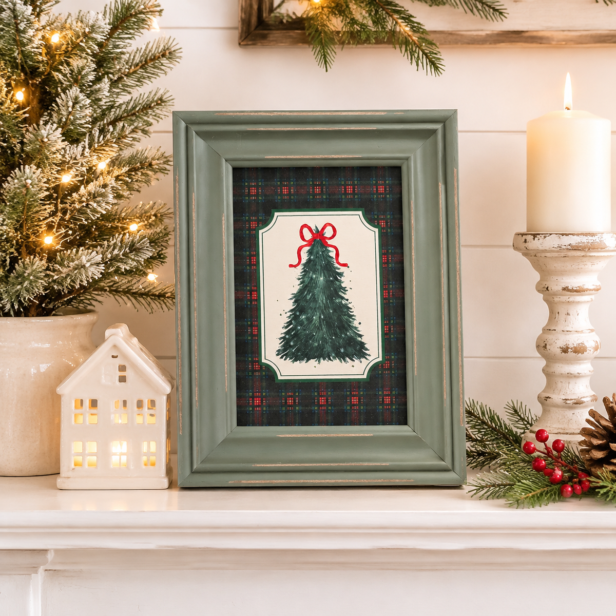 Evergreen Tartan Christmas Tree Framed Art | 5x7