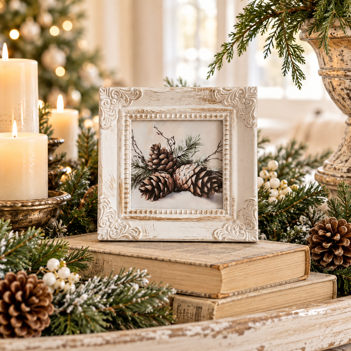 Vintage Christmas Framed Art Set of 2 | Santa & Snowy Pine Cones