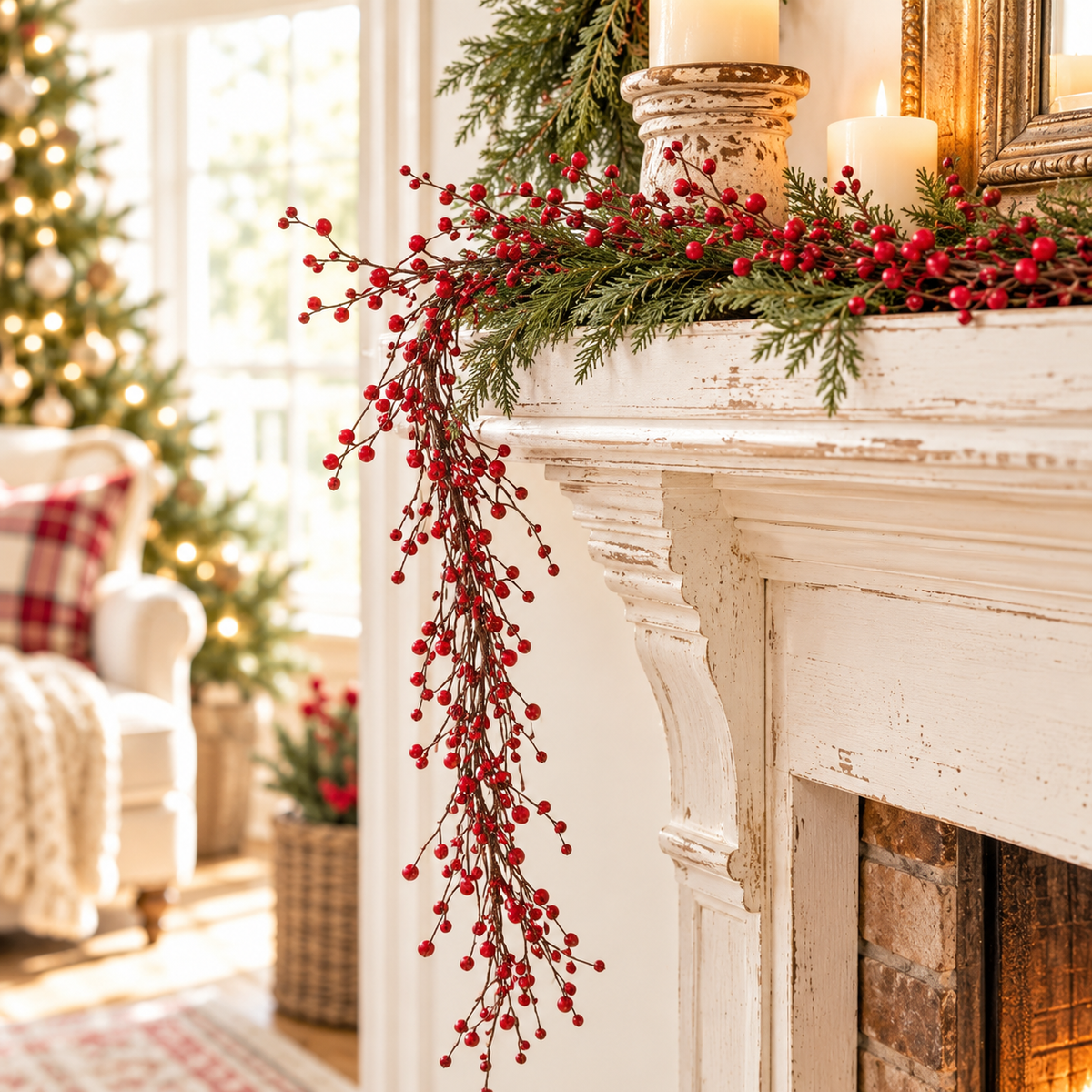 Bright Red Berry Christmas Garland | 55" Rustic Farmhouse Décor