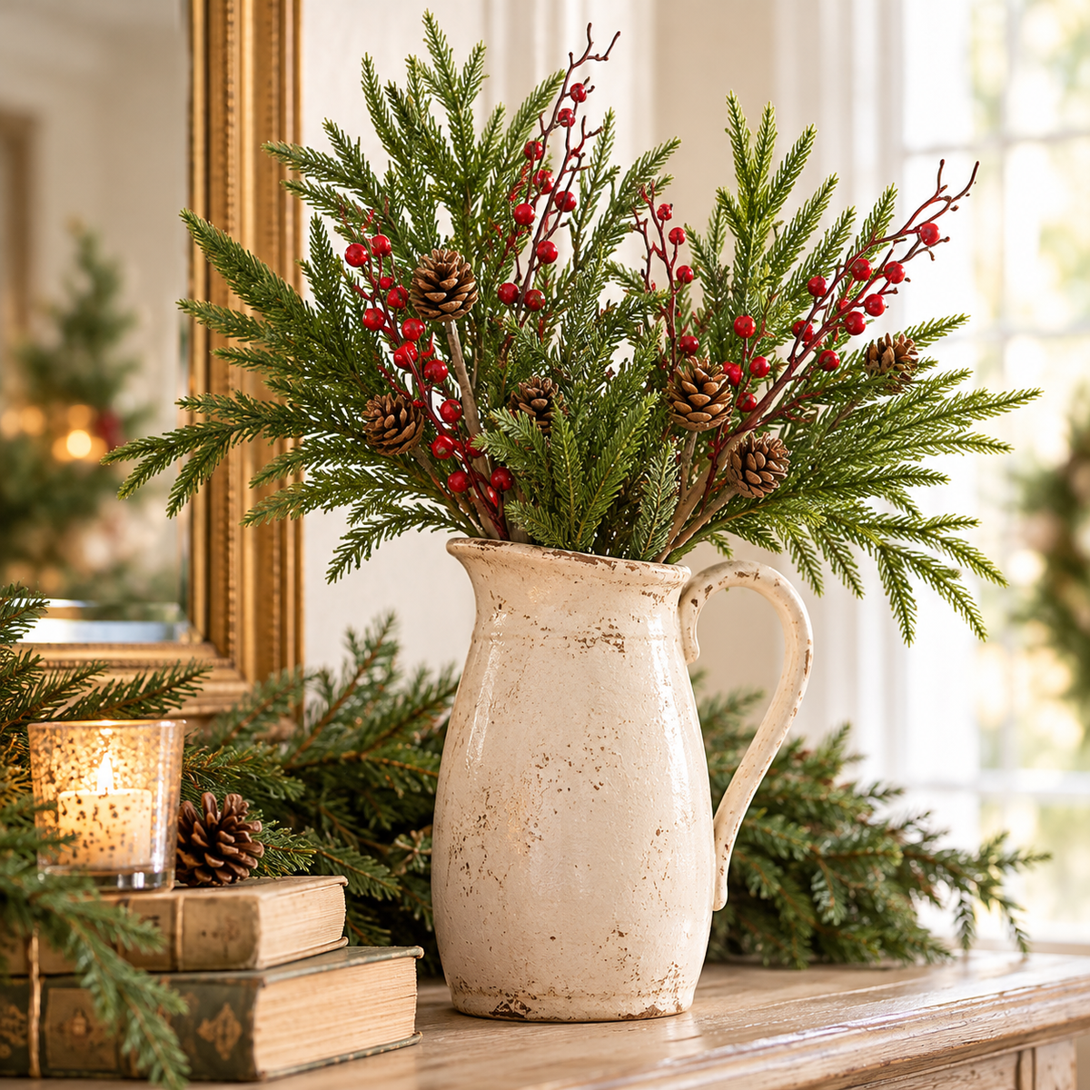Woodland Pine & Red Berry Christmas Pick | 19" Holiday Greenery Stem