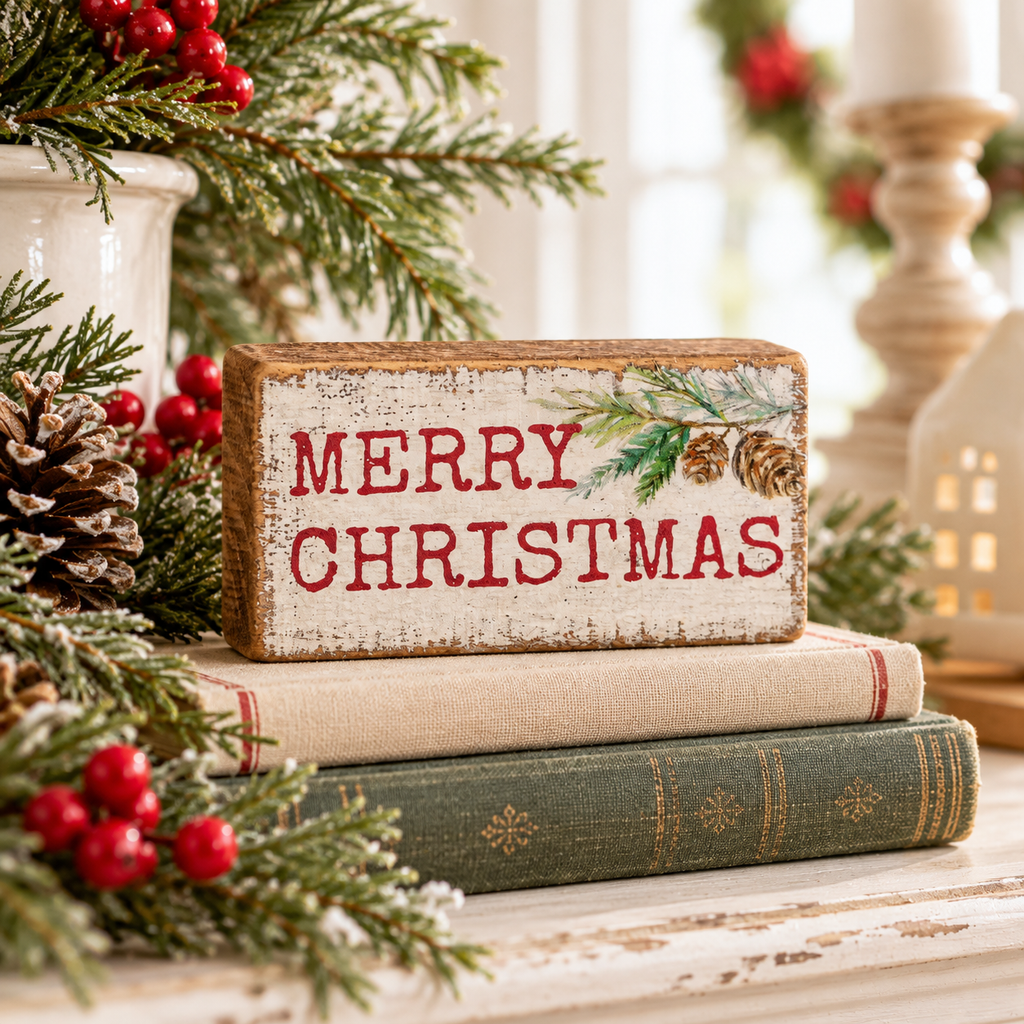 Merry Christmas Wooden Block Sign | Vintage Pinecone & Evergreen 4.5"