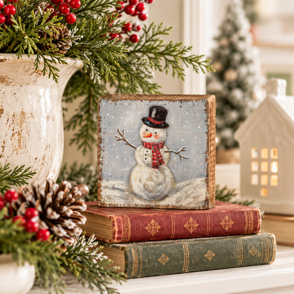Vintage Snowman Wooden Block Sign | Holiday Décor, 3" x 3"