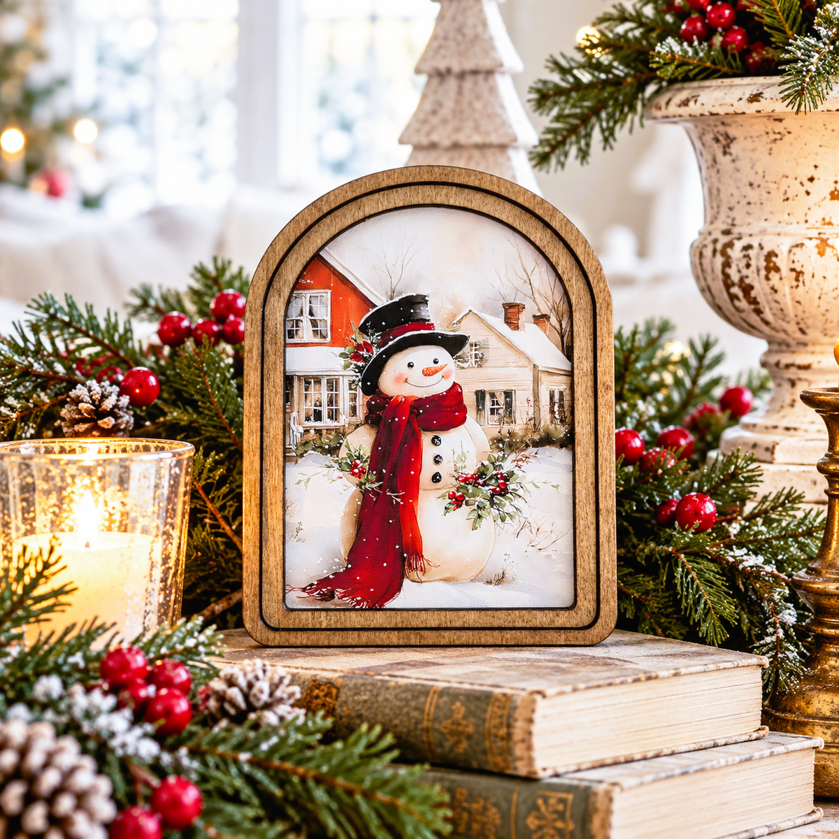 Snowman Arched Framed Art | 6" × 8"