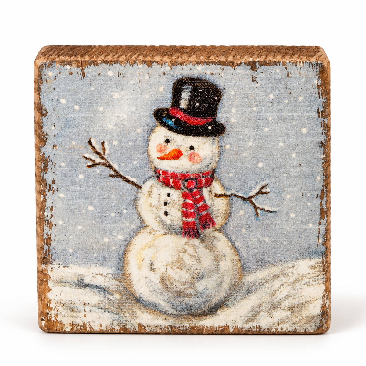 Vintage Snowman Wooden Block Sign | Holiday Décor, 3" x 3"