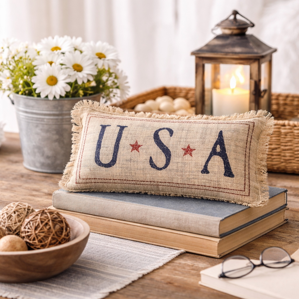 Decorative pillow with 'USA' text on a table with books, flowers, and lantern.