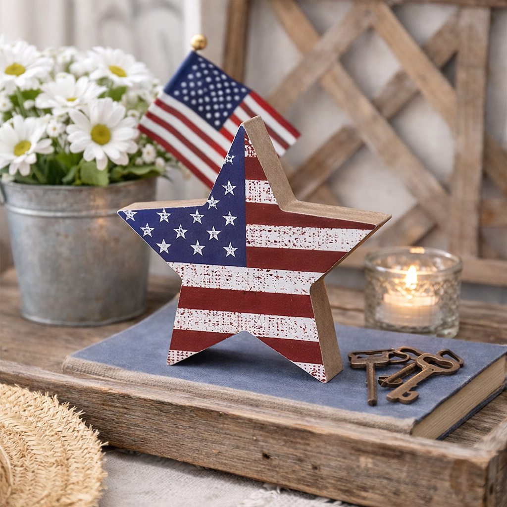 Decorative star with American flag design on a wooden surface with flowers and a candle in the background.