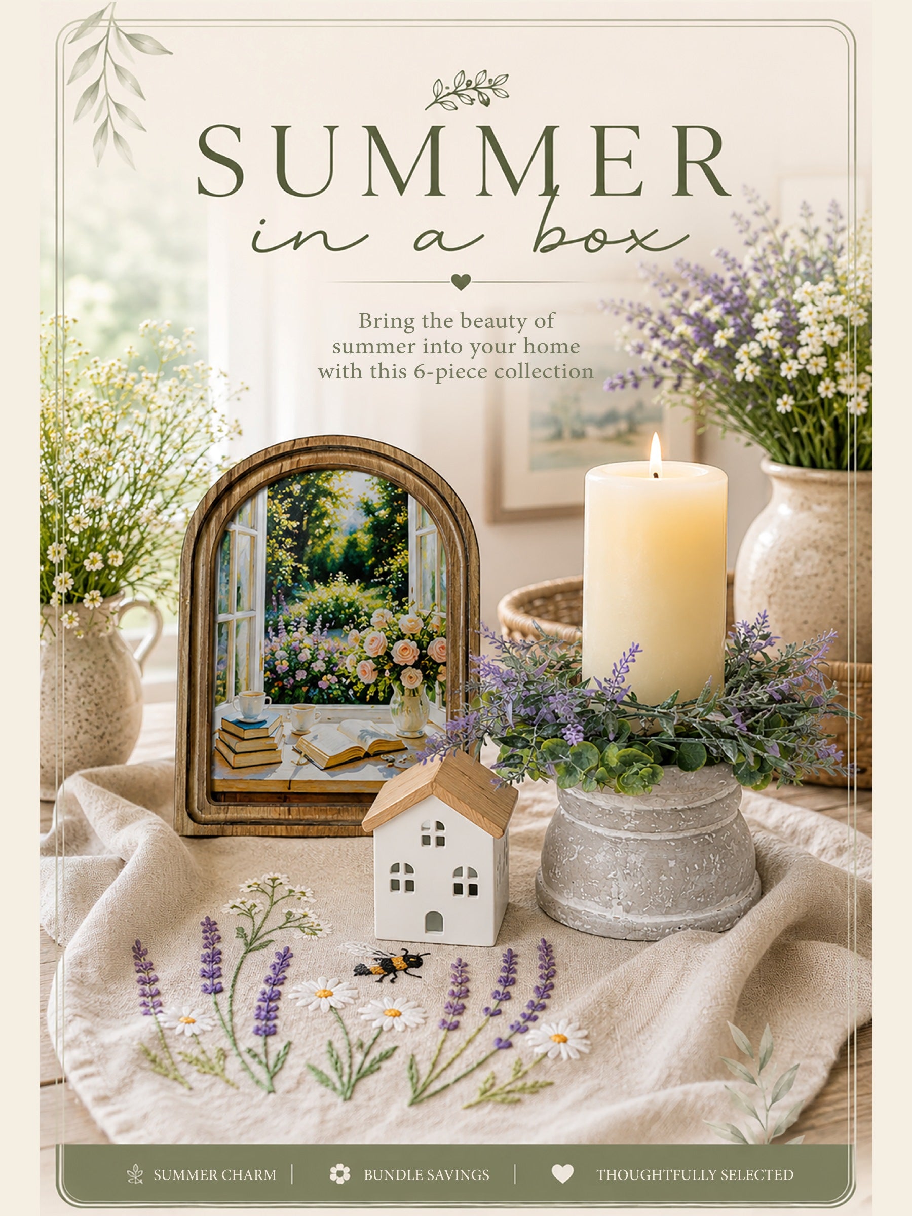 Promotional image of a home decor collection with sunlit garden framed art, mini LED house, lavender and bee kitchen towel, speckled gray candle holder, ivory pillar candle, and lavender candle ring, sold as set, Summer in a Box decor