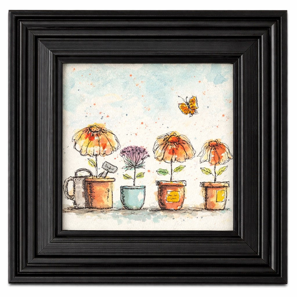 Watercolor art print of potted flowers and butterfly in 6x6 black resin frame for tabletop or wall display